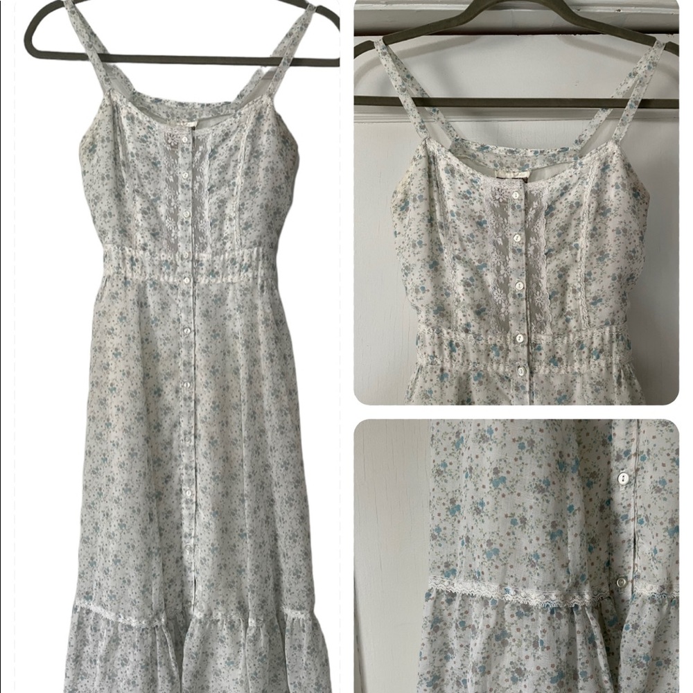Vintage Gunne Sax By Jessica White Floral Sundress Buttondown Attached Belt